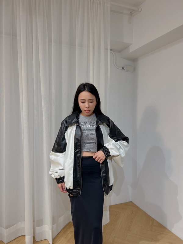 OVERSIZE撞色拼接皮革外套